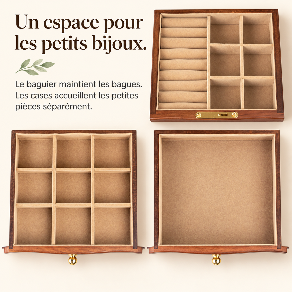 Boîte à bijoux en noyer avec 5 tiroirs et porte vitrée