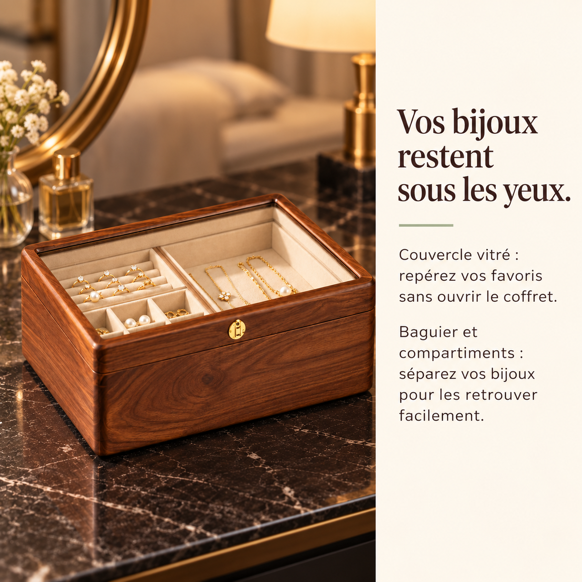 Boîte à bijoux en noyer avec couvercle vitré