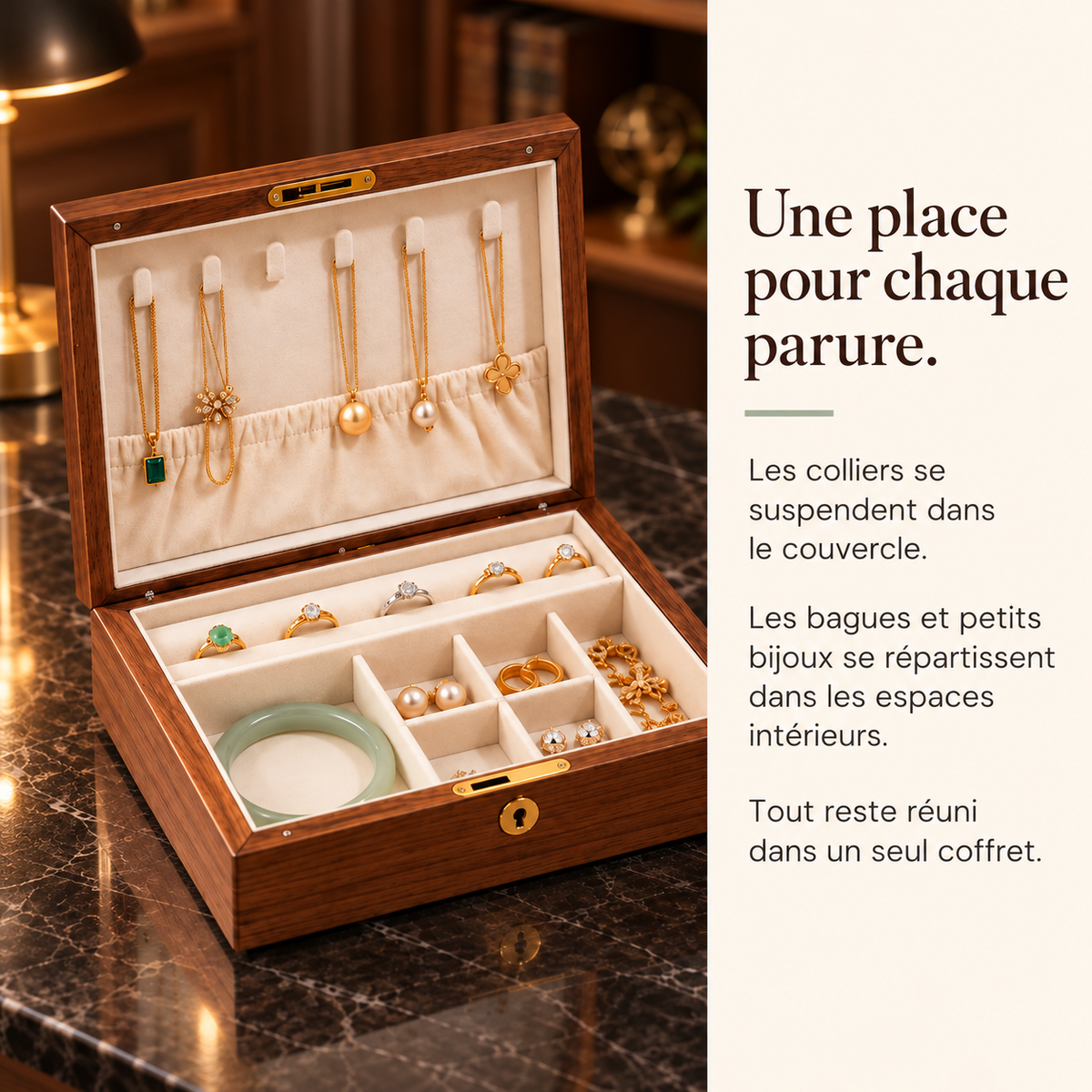 Boîte à bijoux en noyer – Décor signes du zodiaque