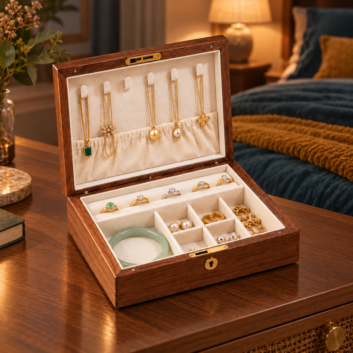Boîte à bijoux en noyer – Décor signes du zodiaque