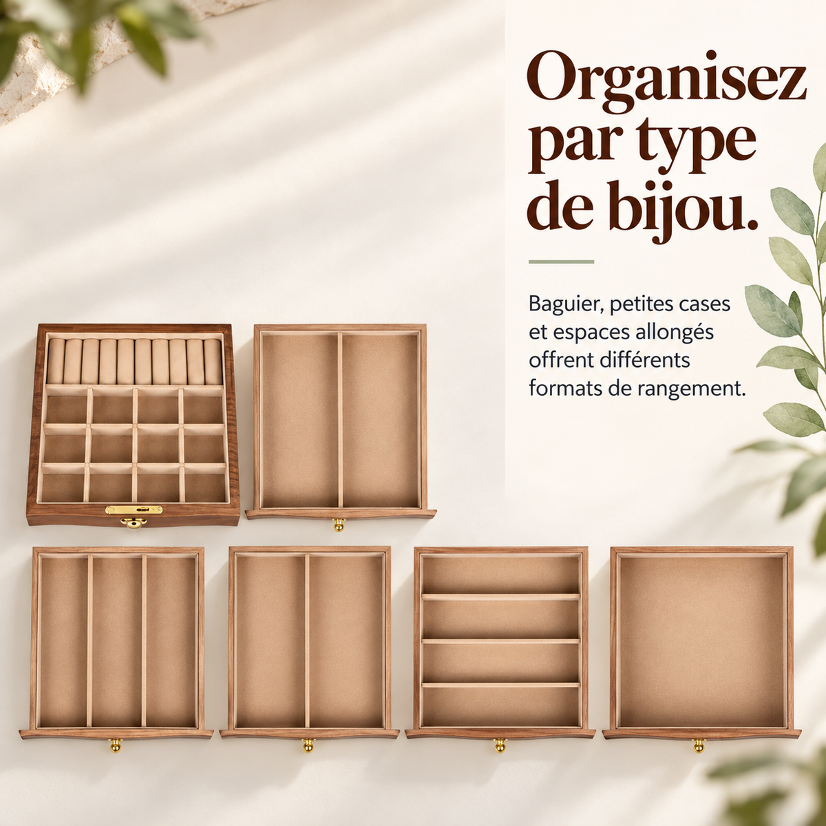 Coffret à bijoux en bois avec miroir – 7 niveaux
