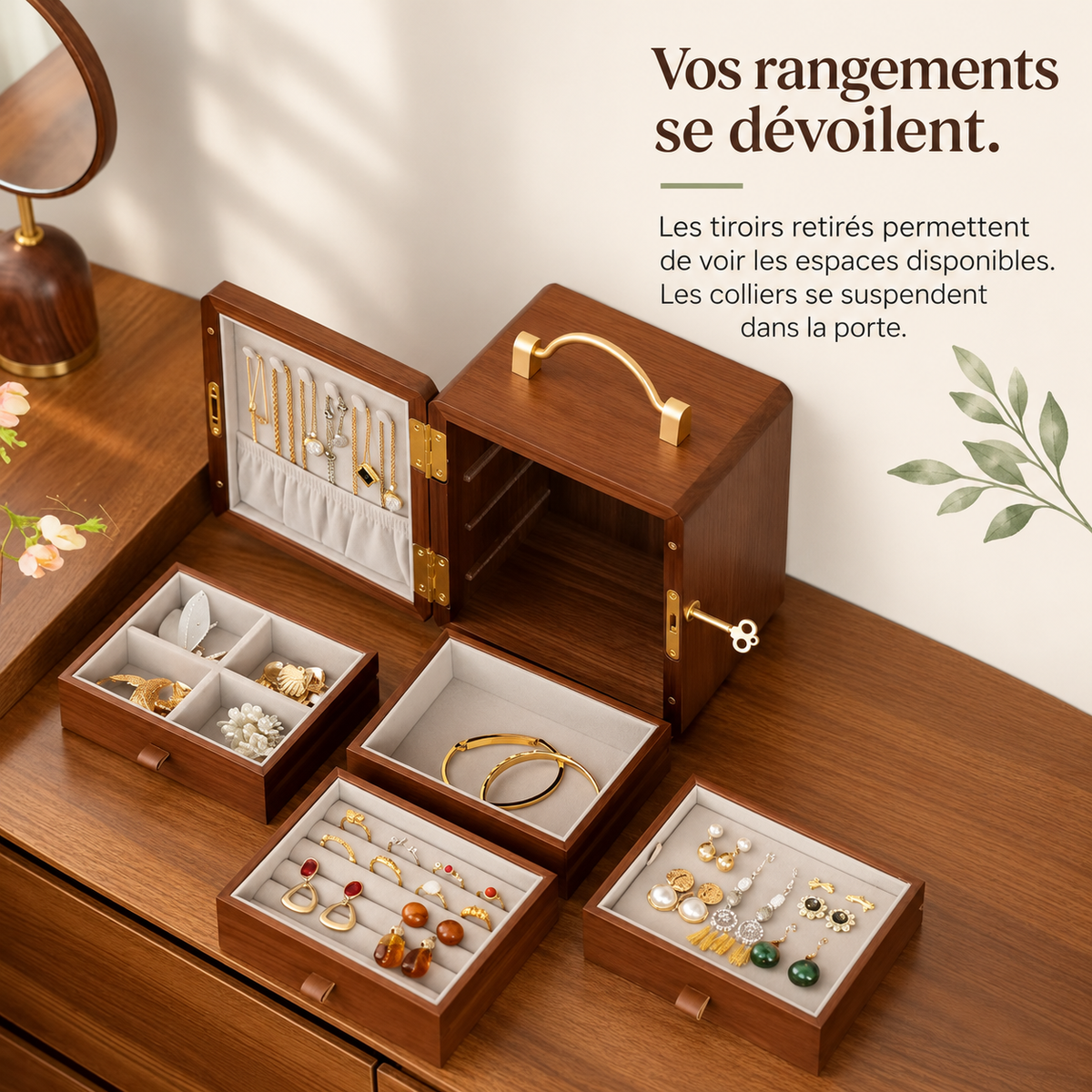 Grande boîte à bijoux en bois – Motif feuilles dorées