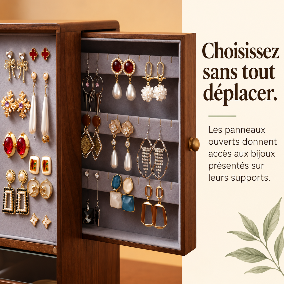 Vitrine à bijoux en bois avec présentoir pour boucles d’oreilles