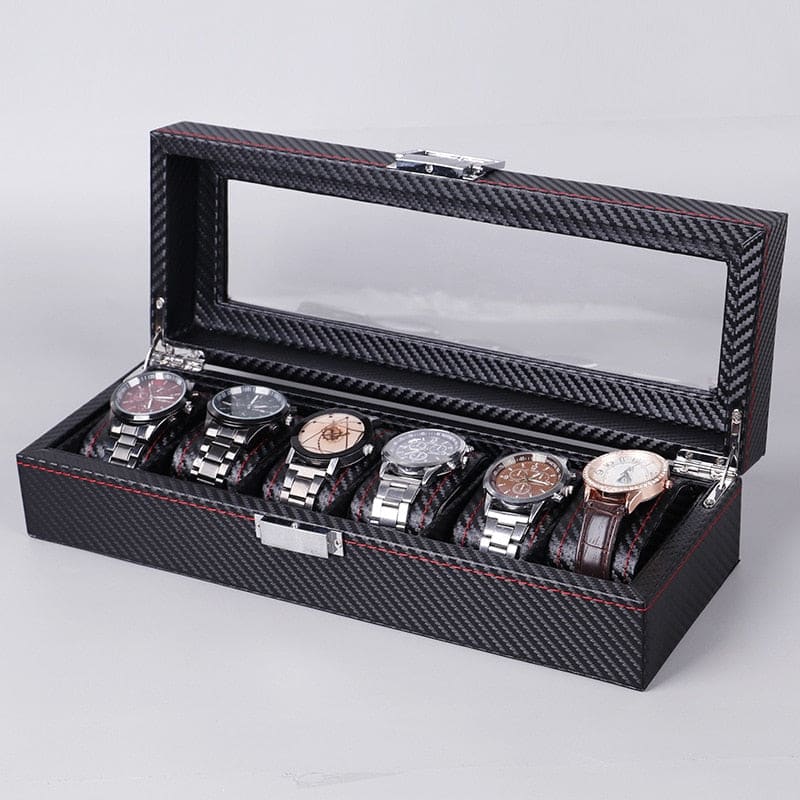 Boîte à Montres style carbone — Maison Kidora · Vue du modèle et de ses compartiments