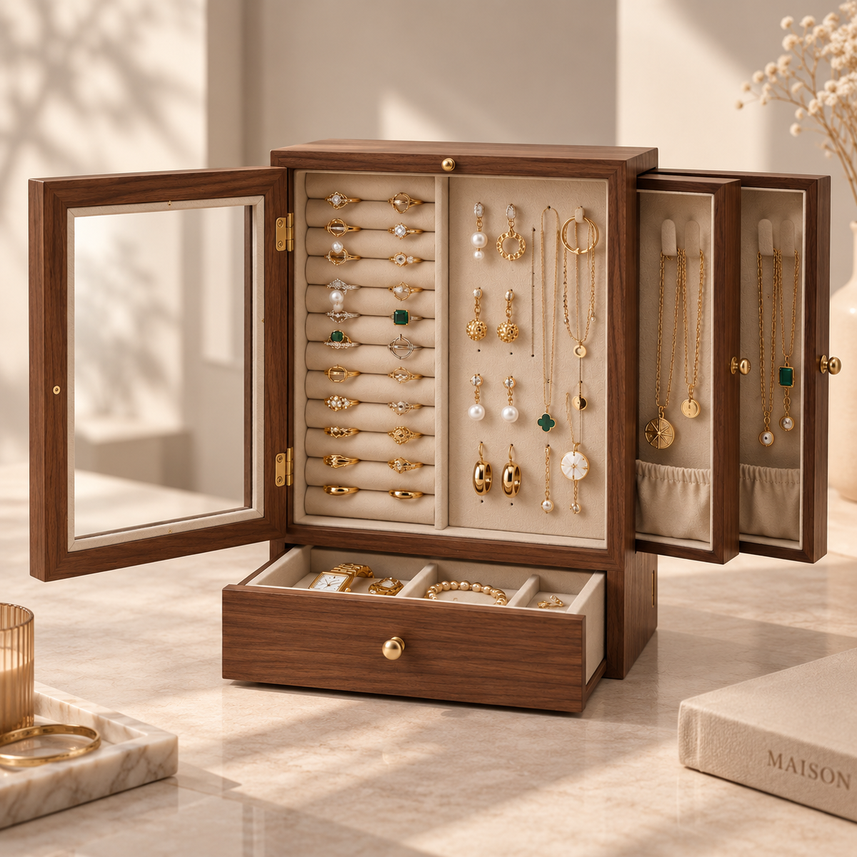 Vitrine à Bijoux Noyer – Façade Vitrée — Maison Kidora · Vue du modèle et de ses compartiments