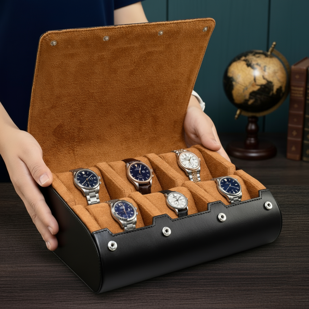 Étui à Montres — Miel Doré — Maison Kidora · Vue du modèle et de ses compartiments