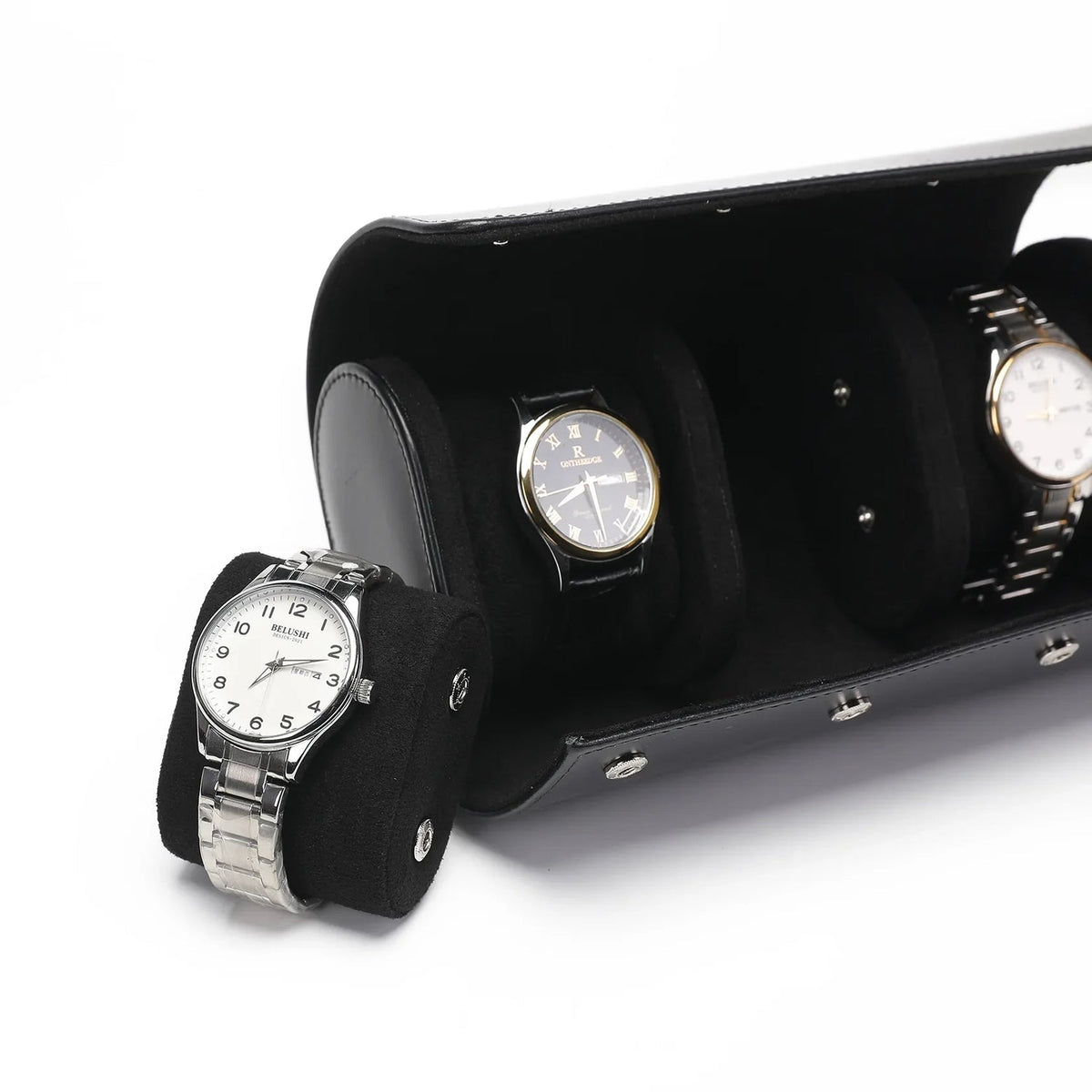 Coffret voyage pour 3 montres — Maison Kidora · Vue du modèle et de ses compartiments
