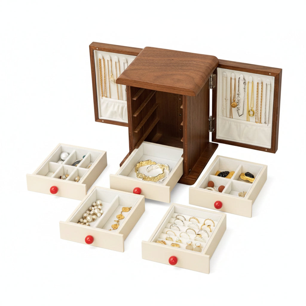 Boîte à Bijoux Régulatrice d'Humidité — Maison Kidora · Vue du modèle et de ses compartiments