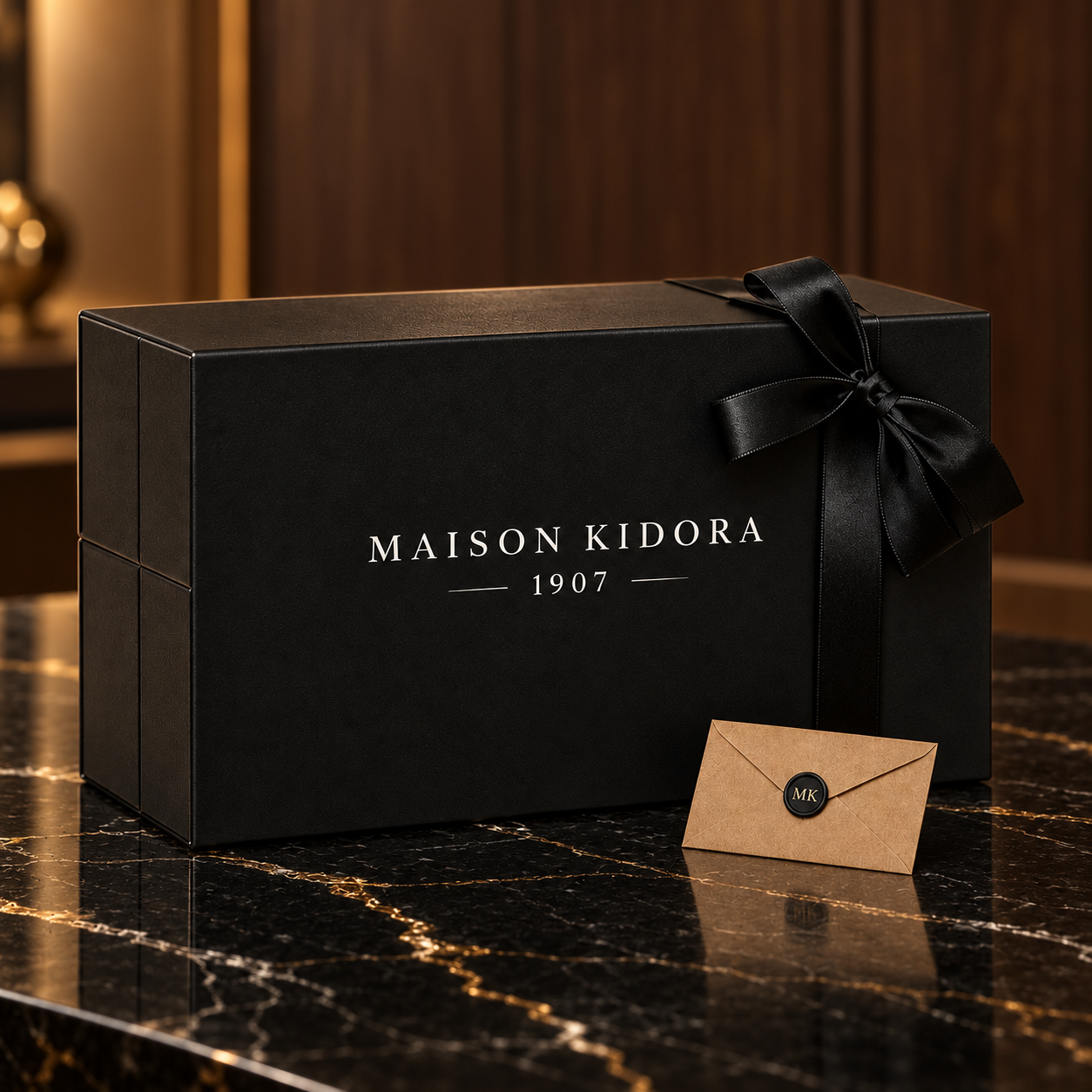 Packaging noir Maison Kidora, boîte et ruban