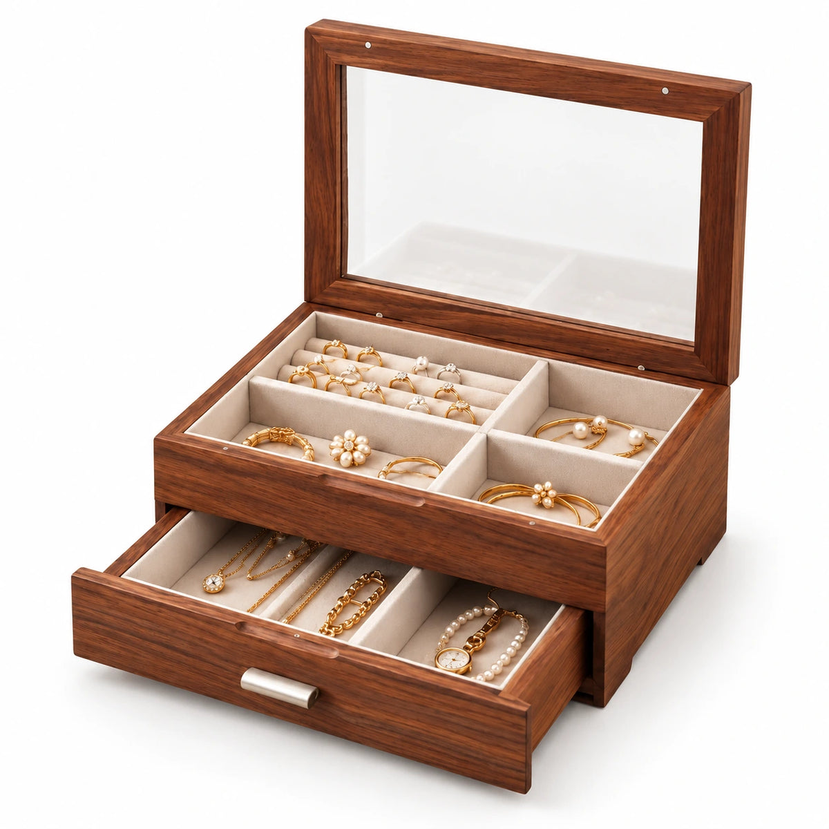 Boîte à Bijoux Bicolore Noyer & Cerisier — Maison Kidora · Vue sur fond blanc