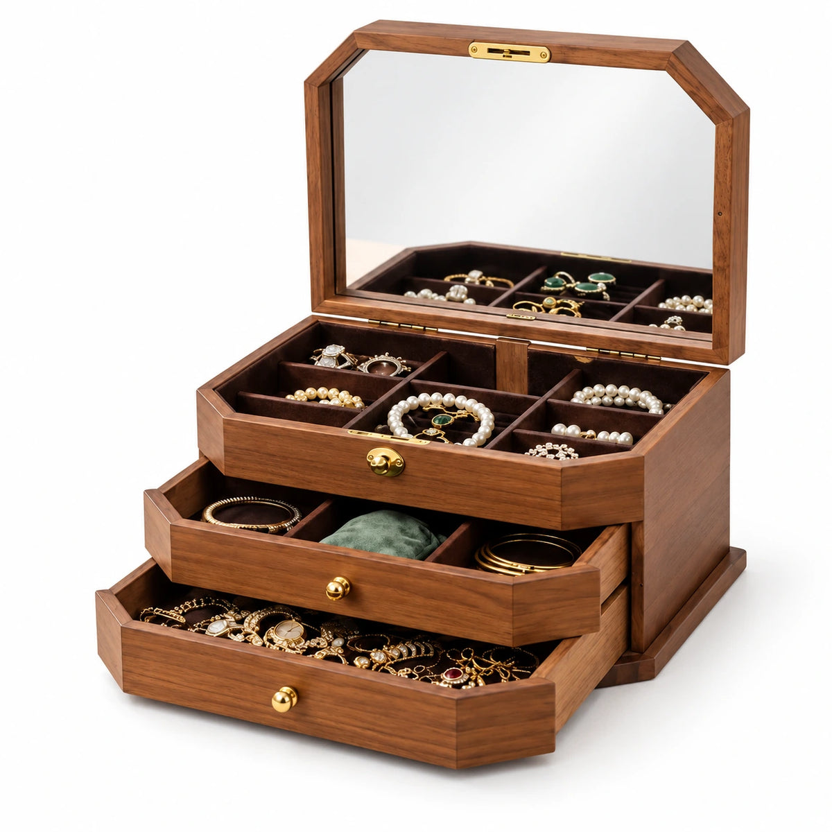 Boîte à Bijoux Bois – Miroir & Serrure 3 Niveaux — Maison Kidora · Vue sur fond blanc