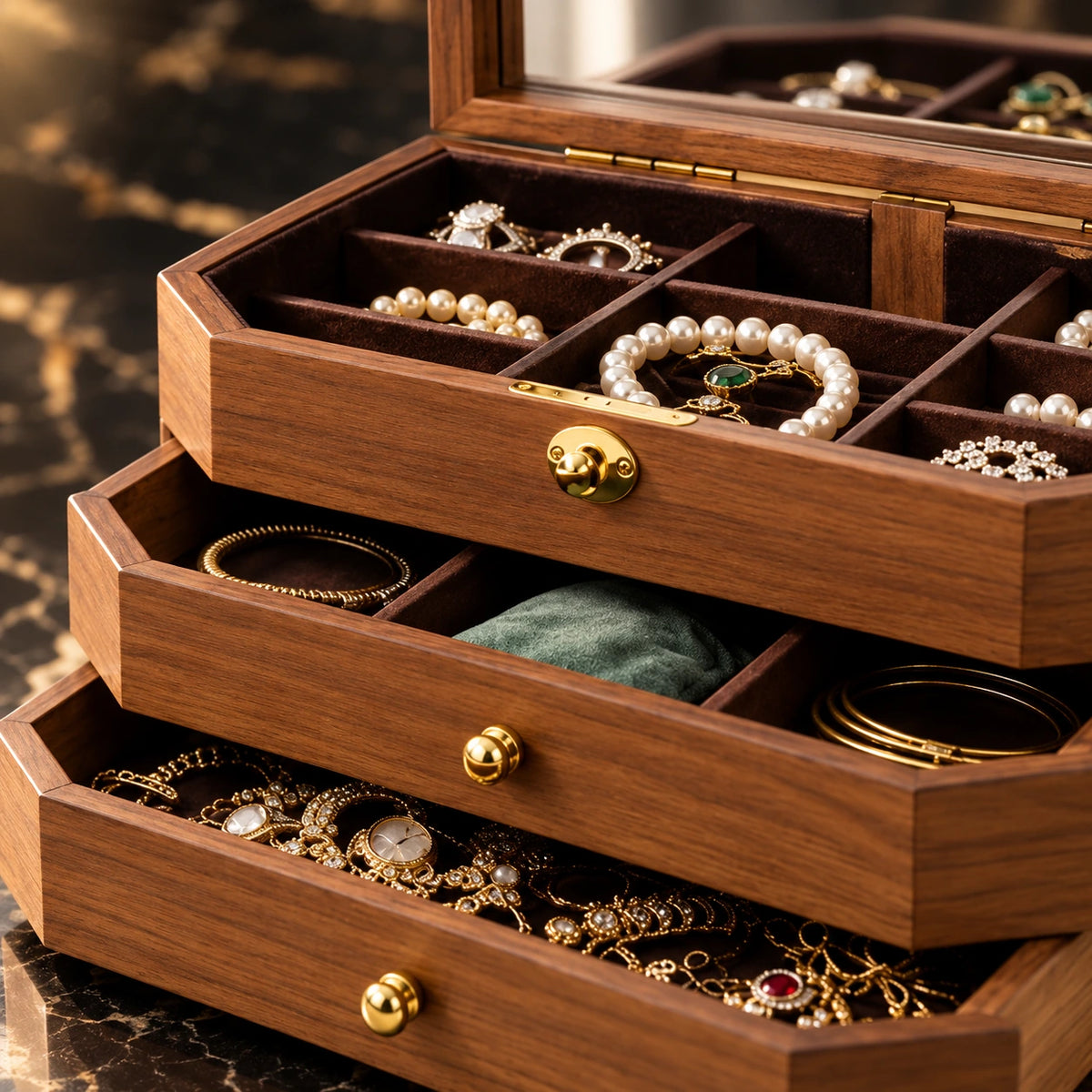 Boîte à Bijoux Bois – Miroir & Serrure 3 Niveaux — Maison Kidora · Détail de finition