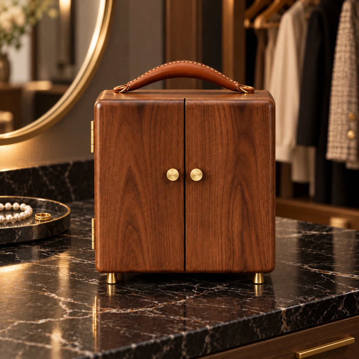 Boîte à Bijoux Noyer Massif – Multi-Tiroirs — Maison Kidora · Vue lifestyle