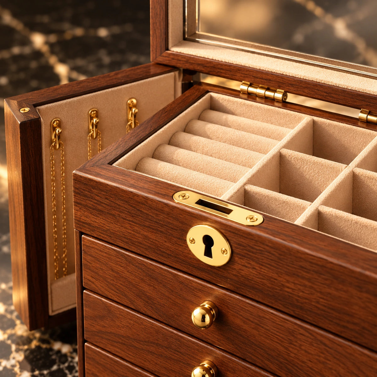 Boîte à Bijoux Noyer – 5 Tiroirs Porte Vitrée — Maison Kidora · Détail de finition