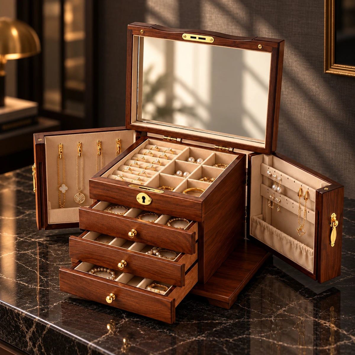 Boîte à Bijoux Noyer – 5 Tiroirs Porte Vitrée — Maison Kidora · Vue principale sur marbre noir