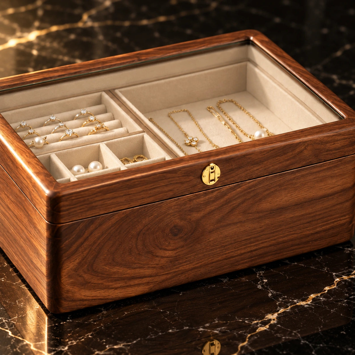 Boîte à Bijoux Noyer – Couvercle Vitré — Maison Kidora · Détail de matière