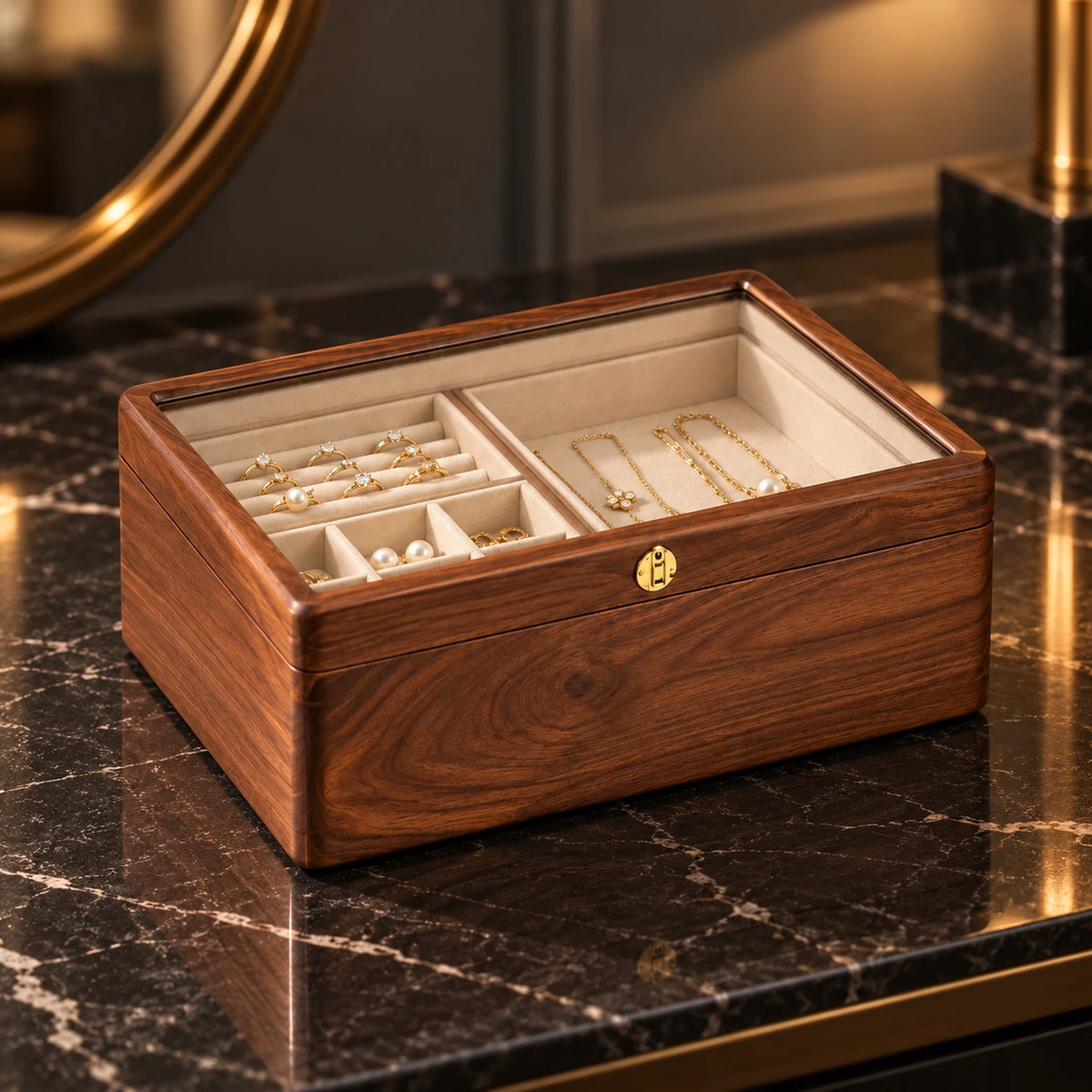Boîte à Bijoux Noyer – Couvercle Vitré — Maison Kidora · Vue principale sur marbre noir