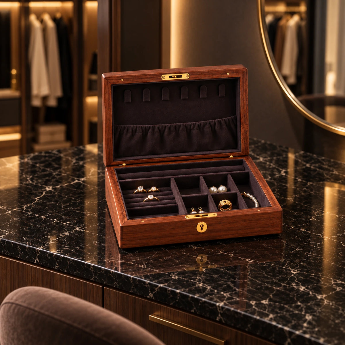 Boîte à Bijoux Noyer – Teinte Chocolat — Maison Kidora · Vue lifestyle