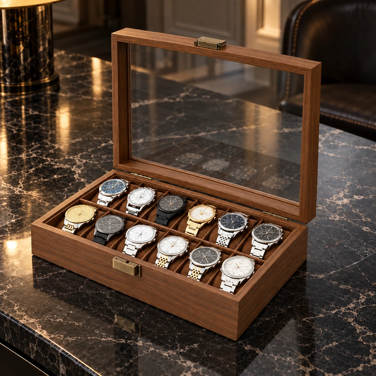 Boîte à Montres Homme en Bois — Maison Kidora · Vue principale sur marbre noir
