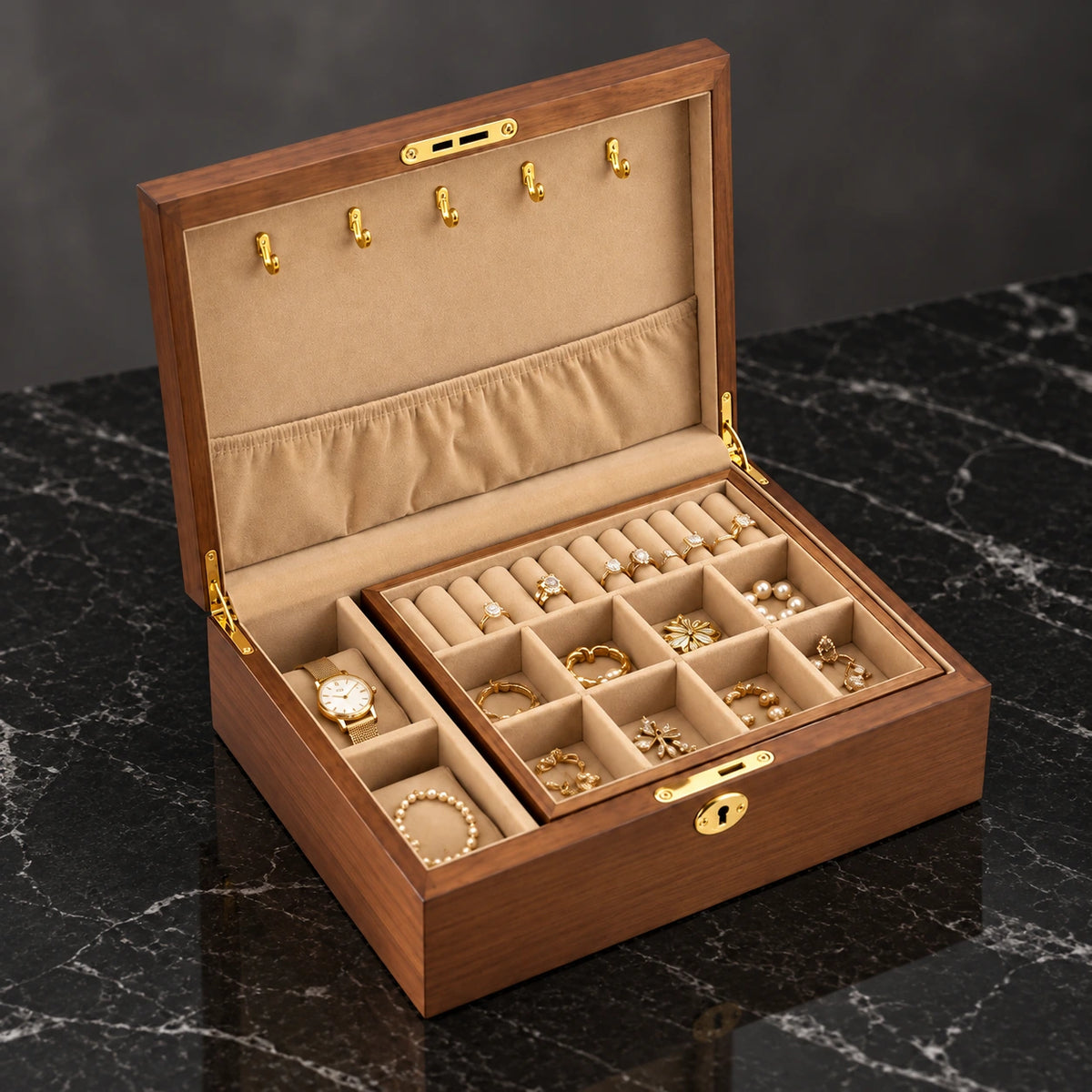 Boîte Bois Massif – Bijoux & Montres — Maison Kidora · Autre angle