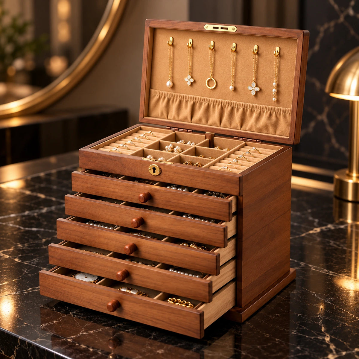 Coffret à Bijoux Bois – Miroir Intégré — Maison Kidora · Vue principale sur marbre noir