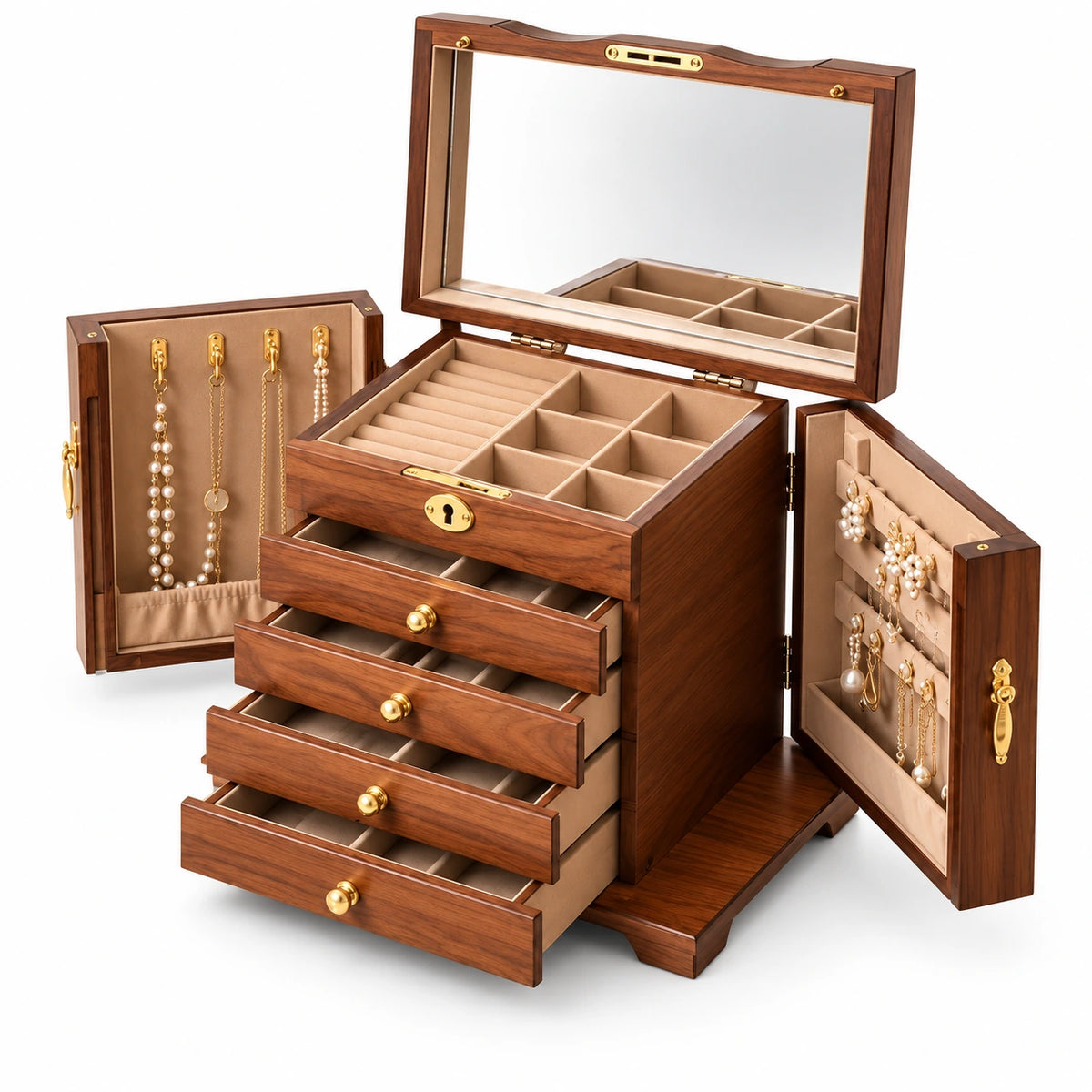 Coffret à Bijoux MDF – 5 Niveaux Miroir — Maison Kidora · Vue sur fond blanc