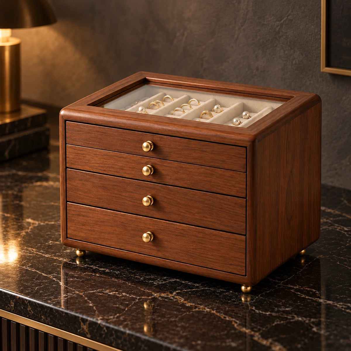 Coffret à Bijoux Vitré – 3 ou 4 Niveaux — Maison Kidora · Vue principale sur marbre noir