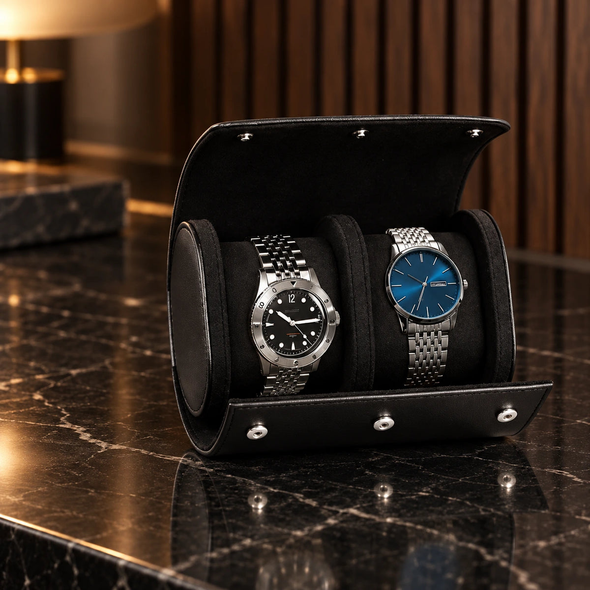 Coffret voyage pour 2 montres — Maison Kidora · Vue principale sur marbre noir