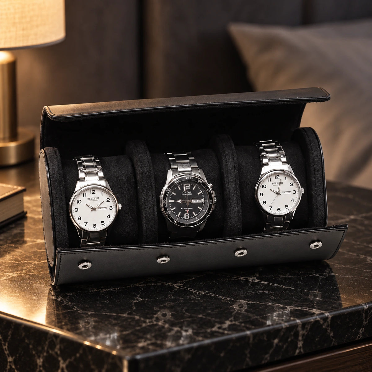 Coffret voyage pour 3 montres — Maison Kidora · Vue principale sur marbre noir