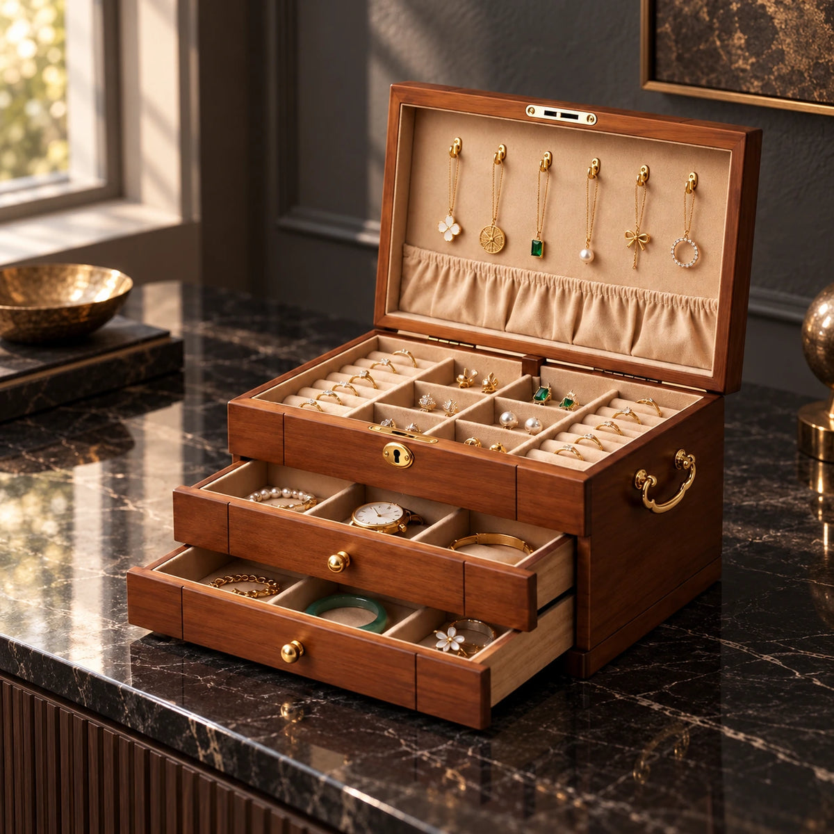 Grand Coffret à Bijoux Vintage – Noyer — Maison Kidora · Vue lifestyle
