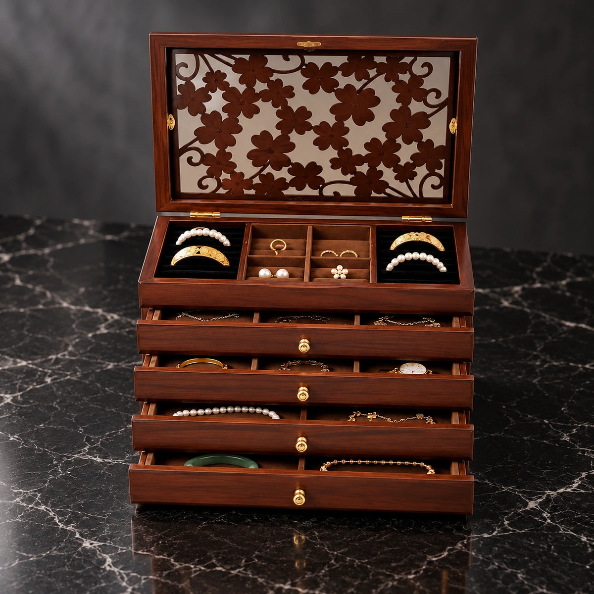 Grand Coffret à Bijoux – 6 Niveaux Vitré — Maison Kidora · Autre angle