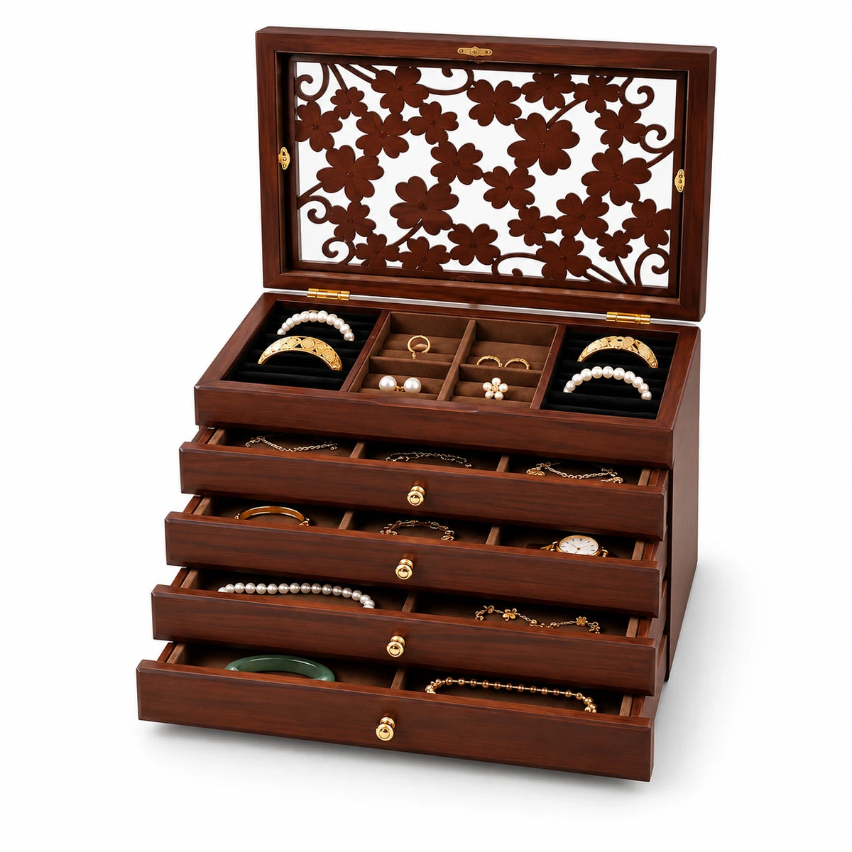Grand Coffret à Bijoux – 6 Niveaux Vitré — Maison Kidora · Vue sur fond blanc