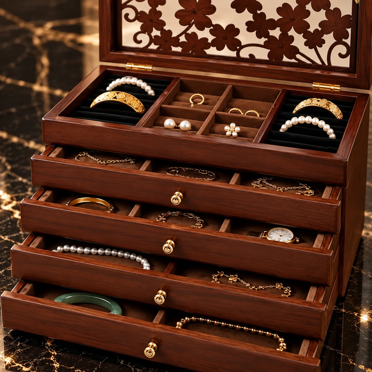 Grand Coffret à Bijoux – 6 Niveaux Vitré — Maison Kidora · Détail de matière