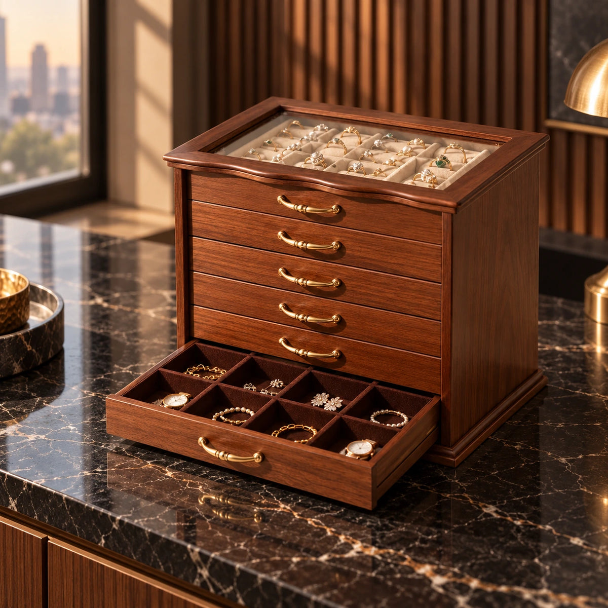 Grande Boîte à Bijoux Bois – 6 Tiroirs Vitrée — Maison Kidora · Vue lifestyle