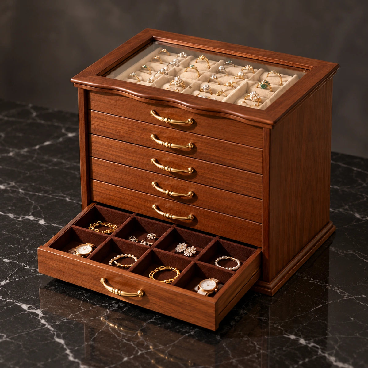 Grande Boîte à Bijoux Bois – 6 Tiroirs Vitrée — Maison Kidora · Autre angle