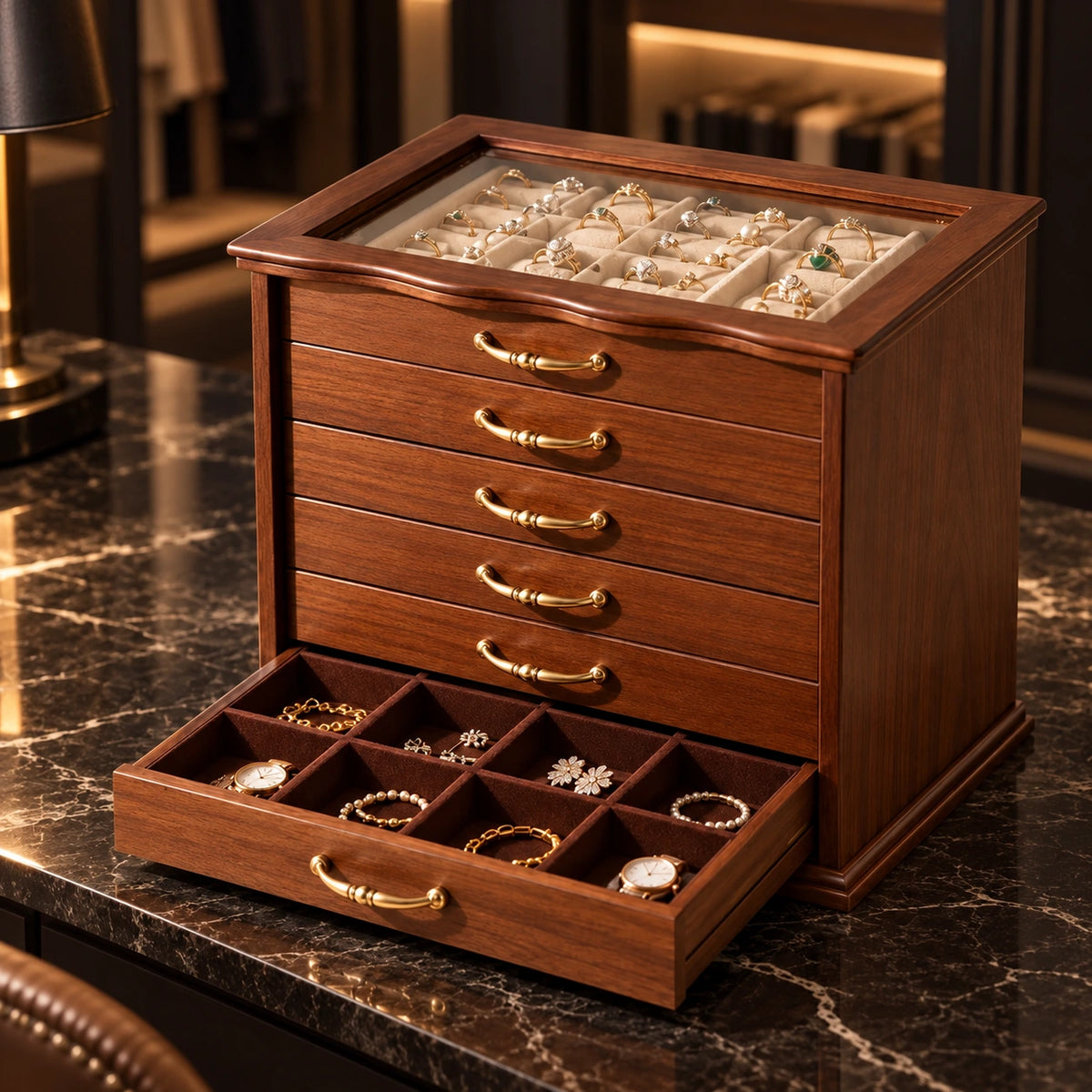 Grande Boîte à Bijoux Bois – 6 Tiroirs Vitrée — Maison Kidora · Vue principale sur marbre noir
