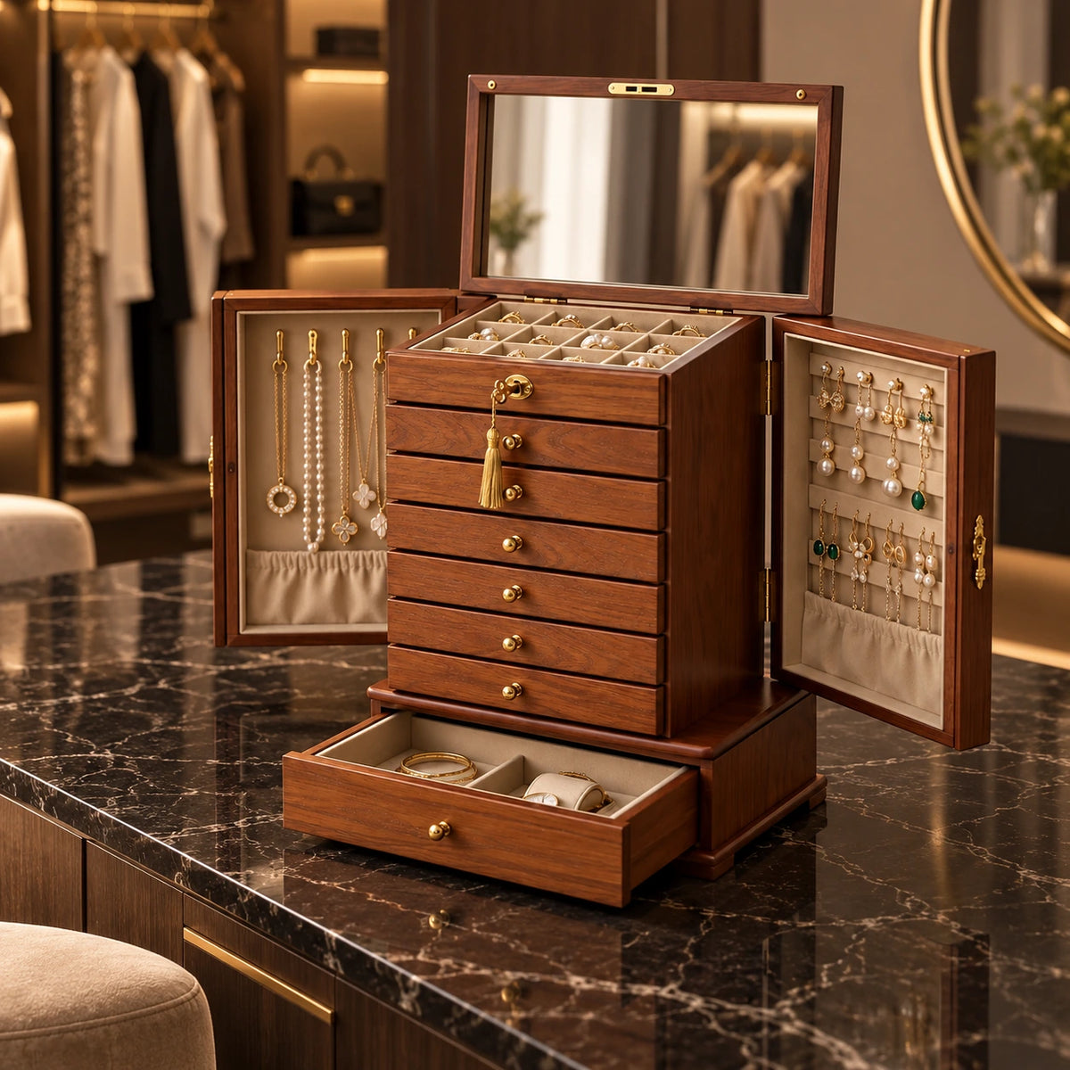 Grande Boîte à Bijoux Bois – 9 Tiroirs Portes — Maison Kidora · Vue lifestyle
