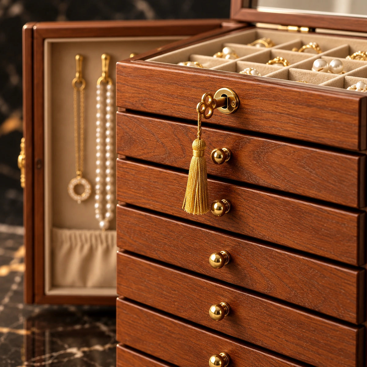 Grande Boîte à Bijoux Bois – 9 Tiroirs Portes — Maison Kidora · Détail de finition