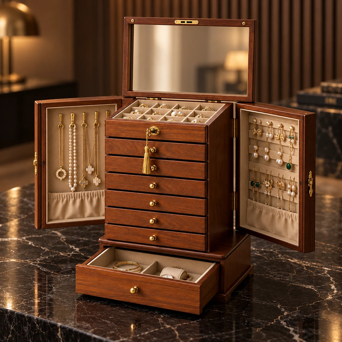 Grande Boîte à Bijoux Bois – 9 Tiroirs Portes — Maison Kidora · Vue principale sur marbre noir