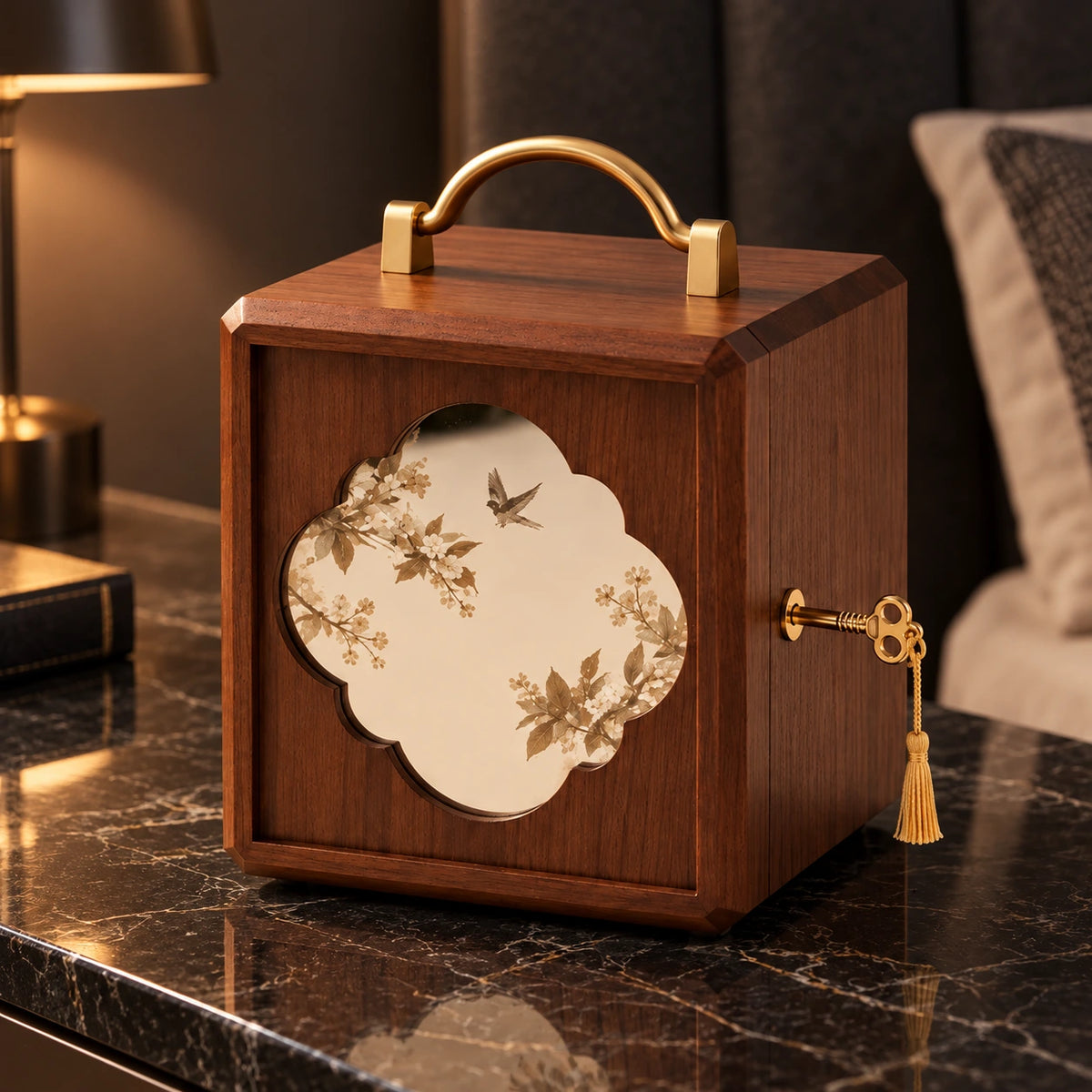 Grande Boîte à Bijoux Bois – Feuilles Dorées — Maison Kidora · Vue principale sur marbre noir