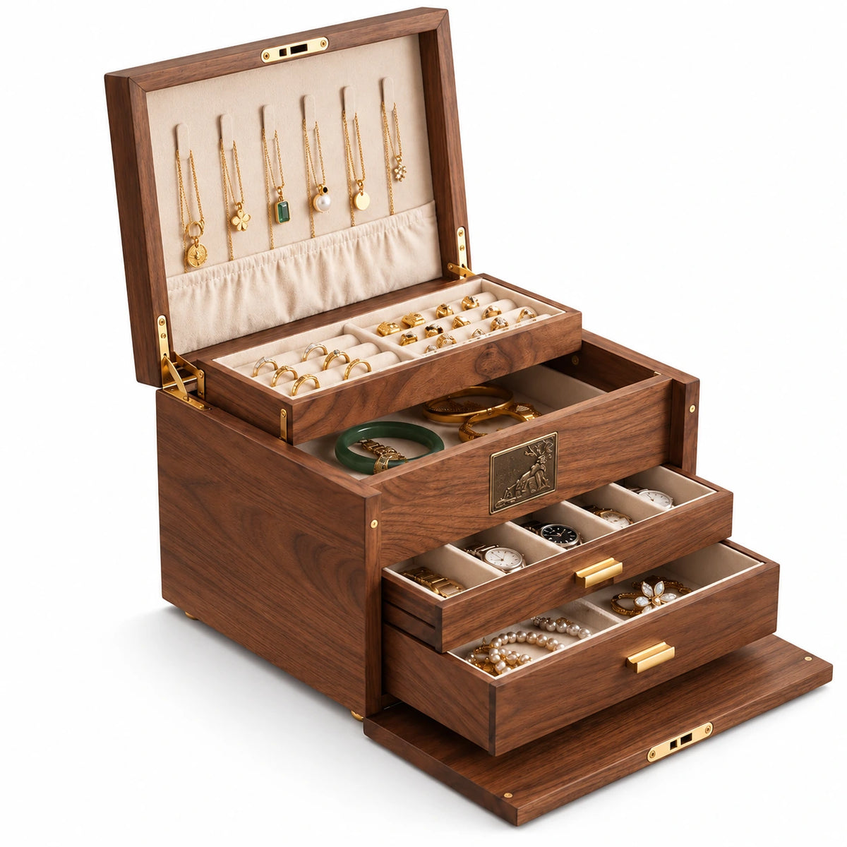 Grande Boîte à Bijoux Noyer – Multi-Tiroirs — Maison Kidora · Vue sur fond blanc