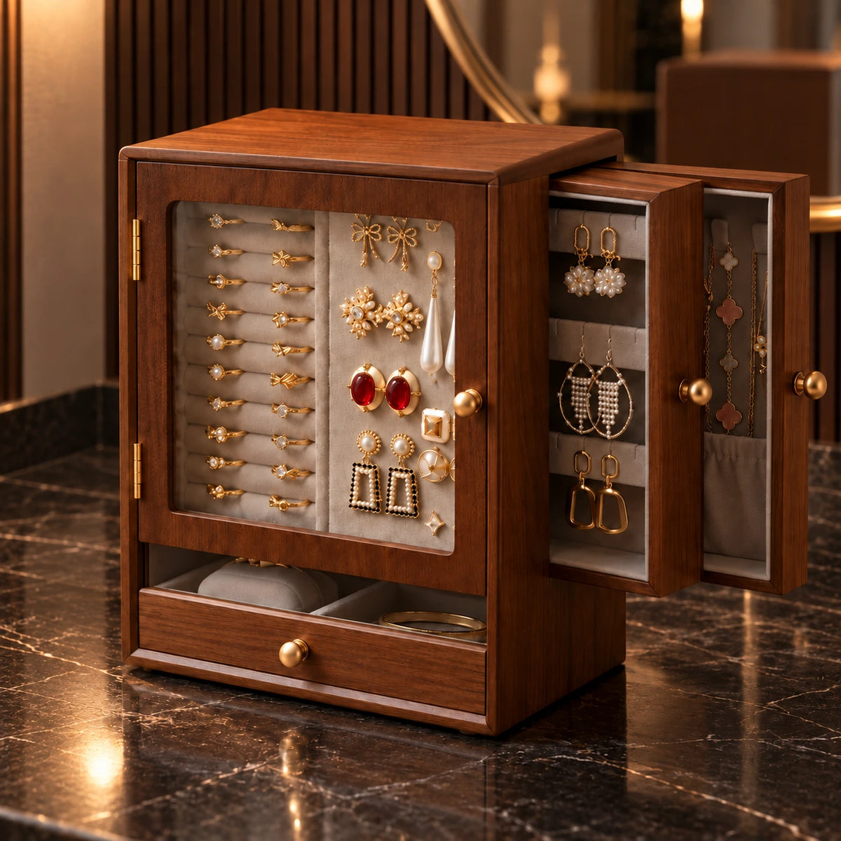 Vitrine à Bijoux Bois – Présentoir Boucles — Maison Kidora · Vue principale sur marbre noir