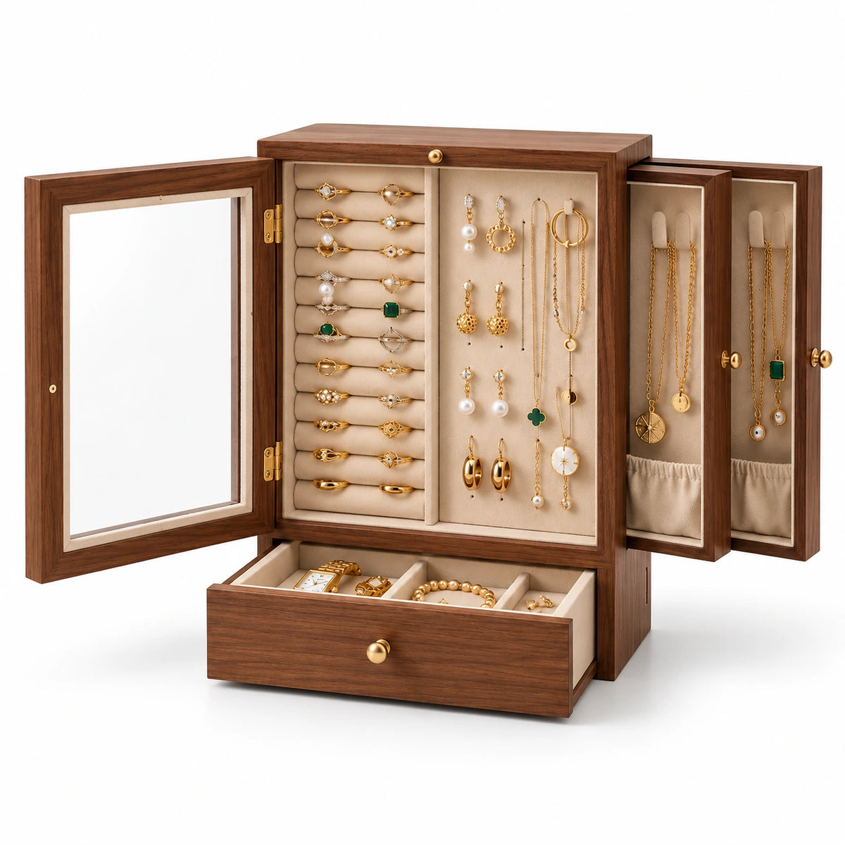 Vitrine à Bijoux Noyer – Façade Vitrée — Maison Kidora · Vue sur fond blanc