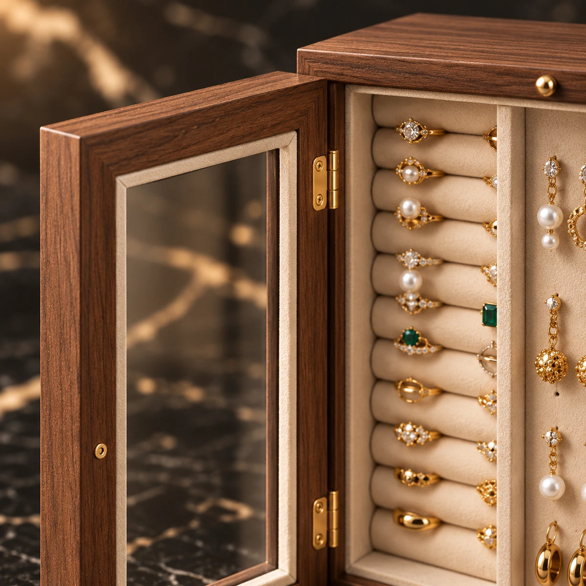 Vitrine à Bijoux Noyer – Façade Vitrée — Maison Kidora · Détail de finition