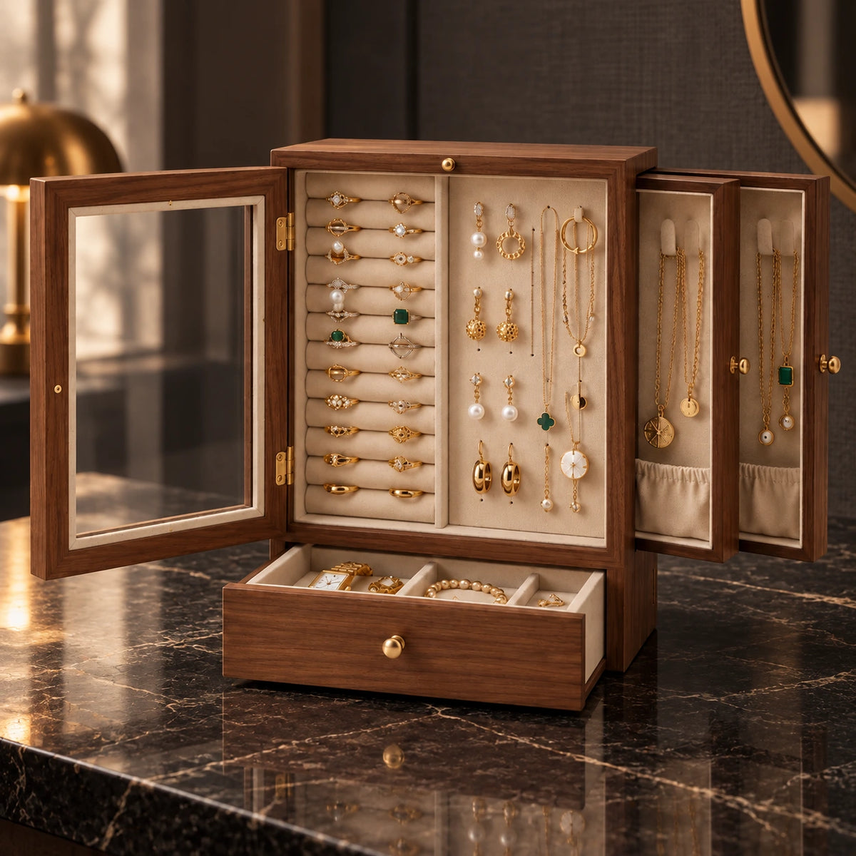 Vitrine à Bijoux Noyer – Façade Vitrée — Maison Kidora · Vue principale sur marbre noir