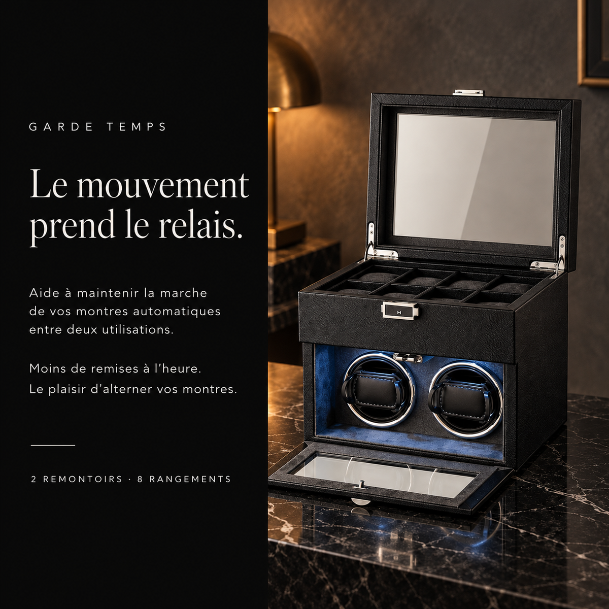 Coffret pour 10 montres – 2 remontoirs et 8 rangements – Garde Temps