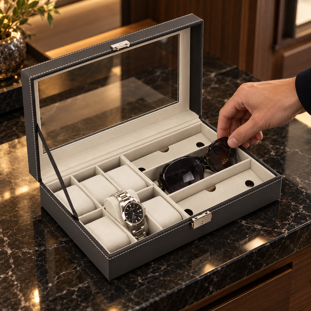 Boîte pour 6 montres et lunettes – Coffret de rangement