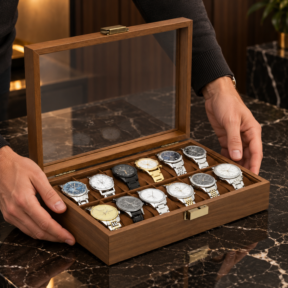 Boîte pour 12 montres en bois noir – Coffret pour homme