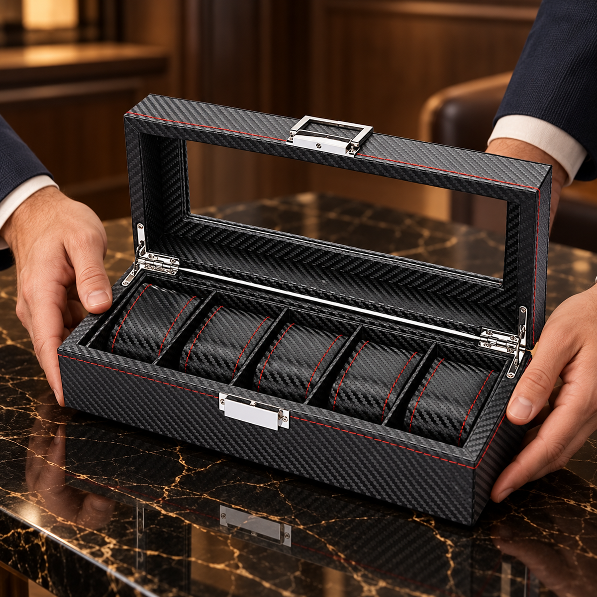 Boîte pour 6 montres – Coffret style carbone