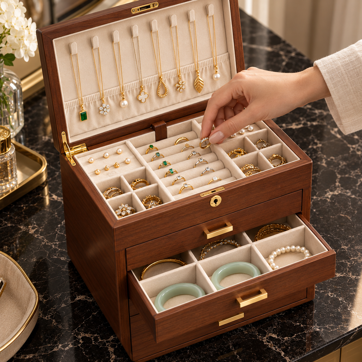 Boîte à bijoux modulable en noyer – Coffret de rangement